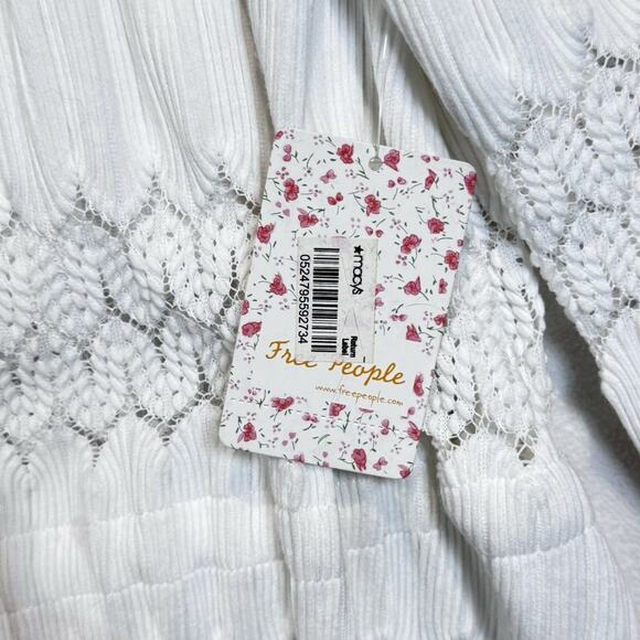 Free People Fire Island Blouse Open Knit Crochet Cinched Ivory Boho Chic Sz L - Picture 8 of 12